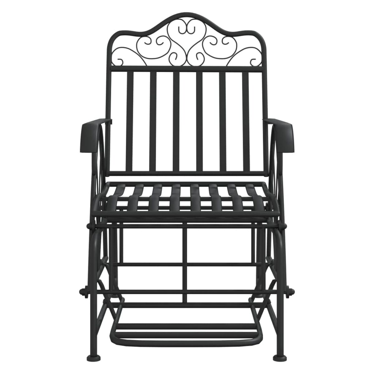 Schwarzer Schmiedeeisen-Gartenstuhl. Verzierter Rücken mit Schnörkeln. Horizontale Sitzstreben. Armlehnen.