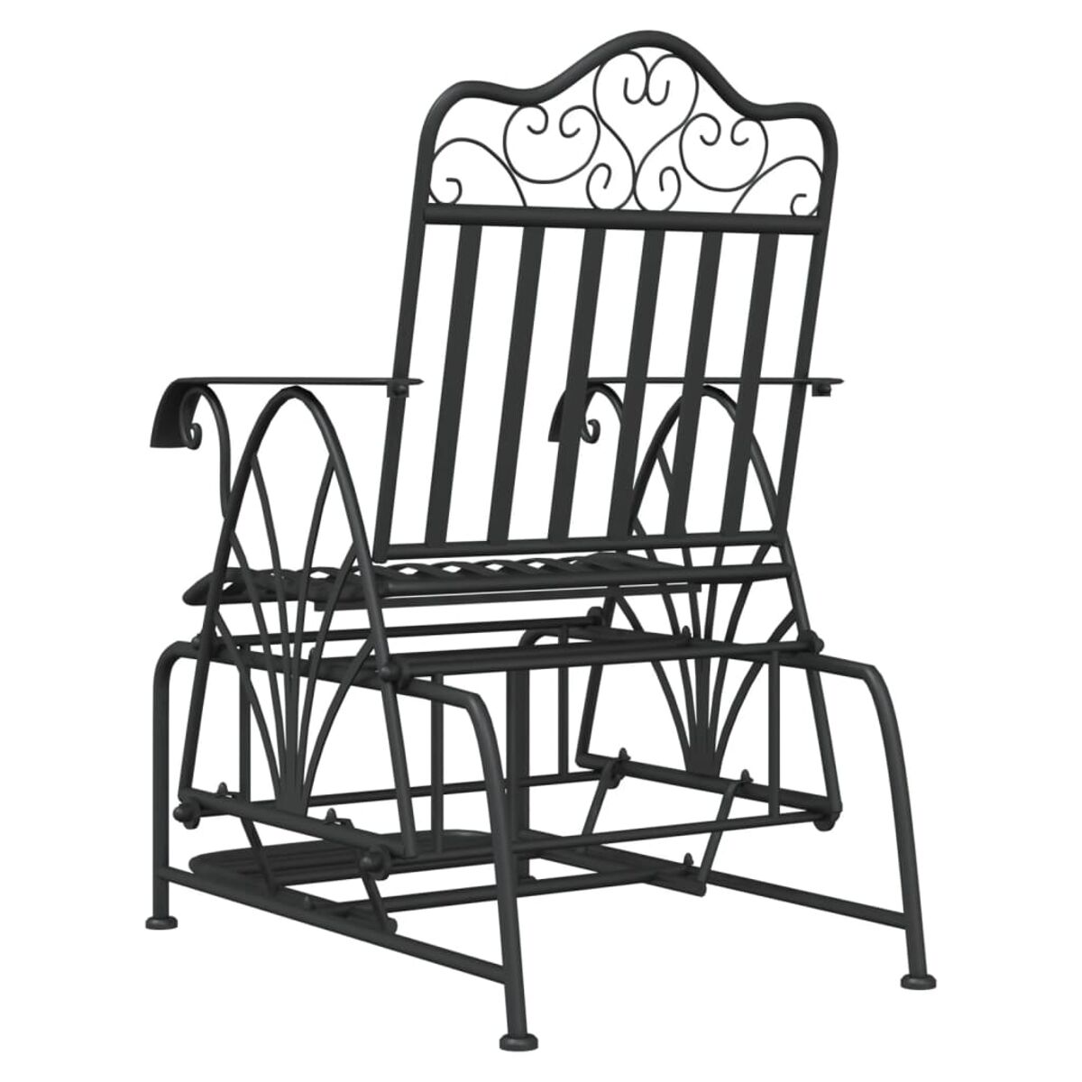 Schwarzer Metall-Gleiterstuhl mit Zierdesign.