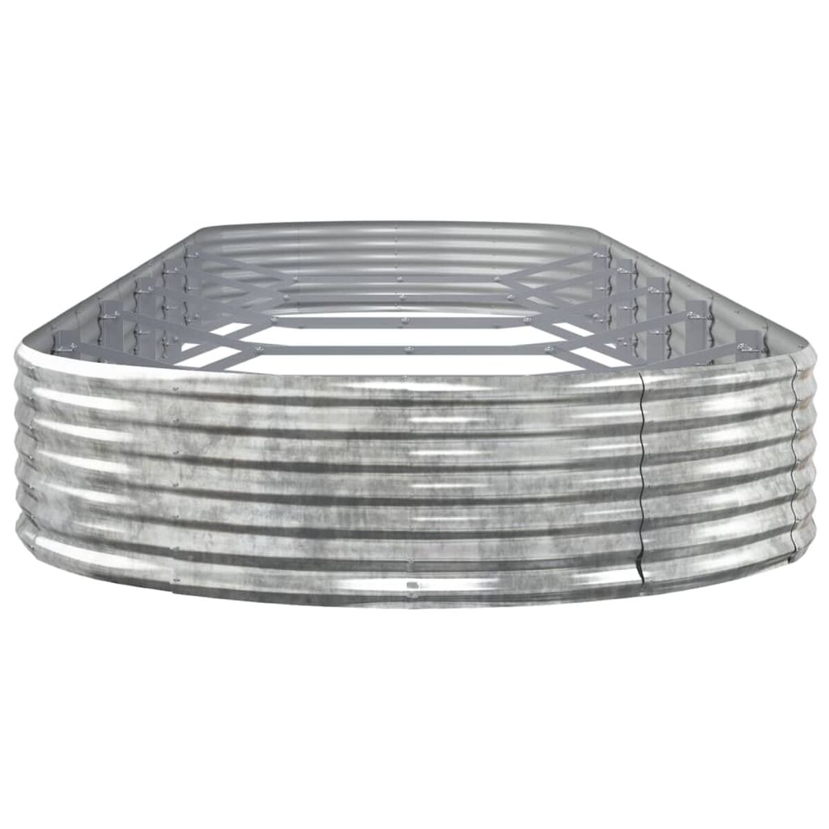 Ein kreisförmiges Metall-Gartenbeet mit mehreren horizontalen Rippen.