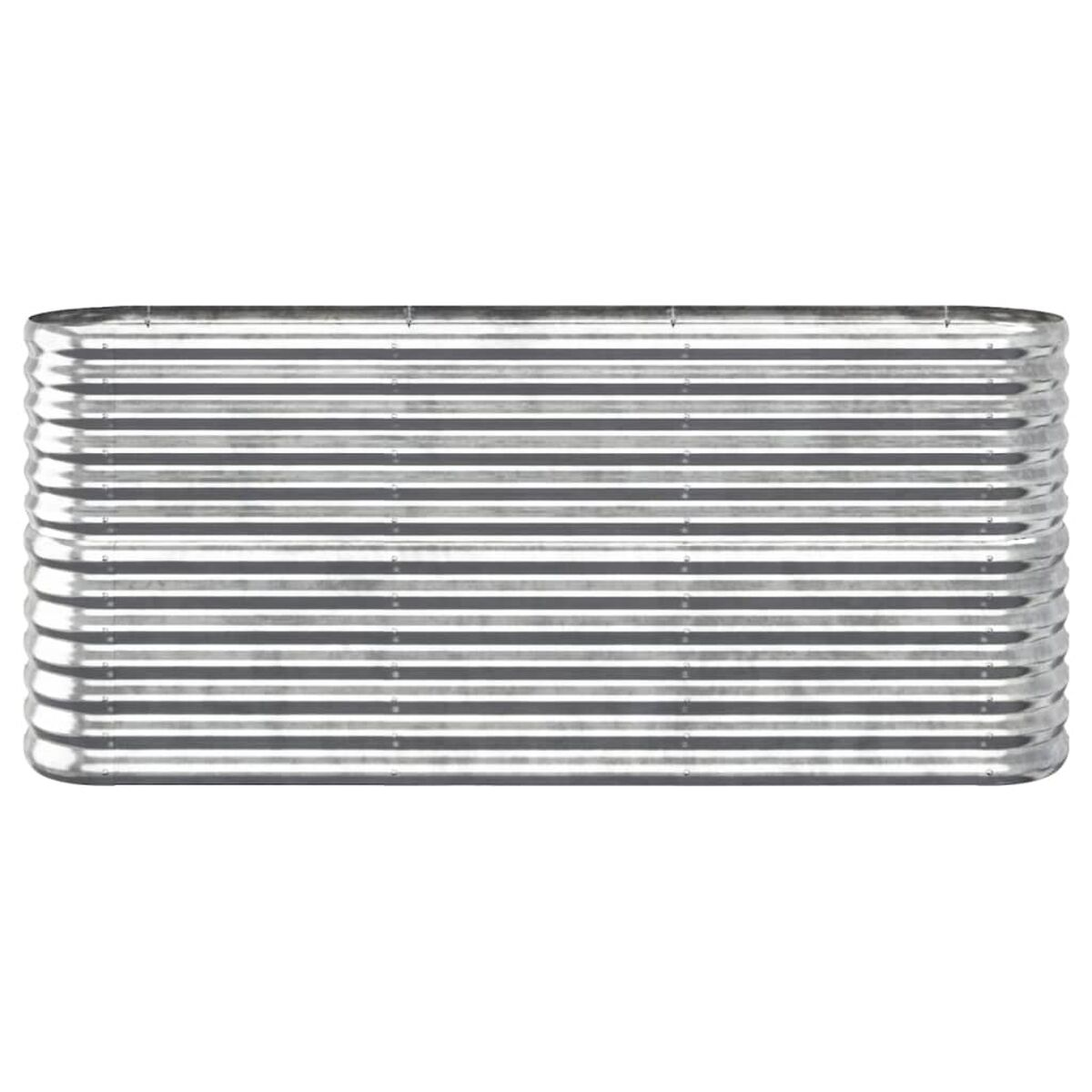 Silbernes, rechteckiges Hochbeet mit horizontalen Rippen. Metallkonstruktion.