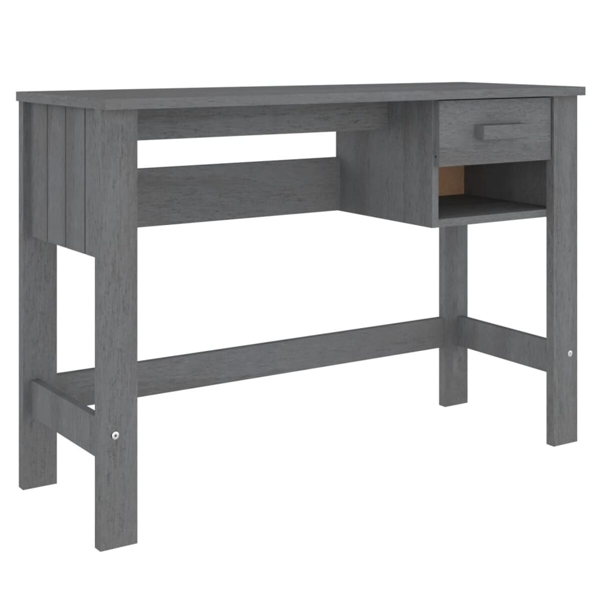 Grauer Holzschreibtisch mit Schublade rechts und unterem Regal. Einfaches, robustes Design.