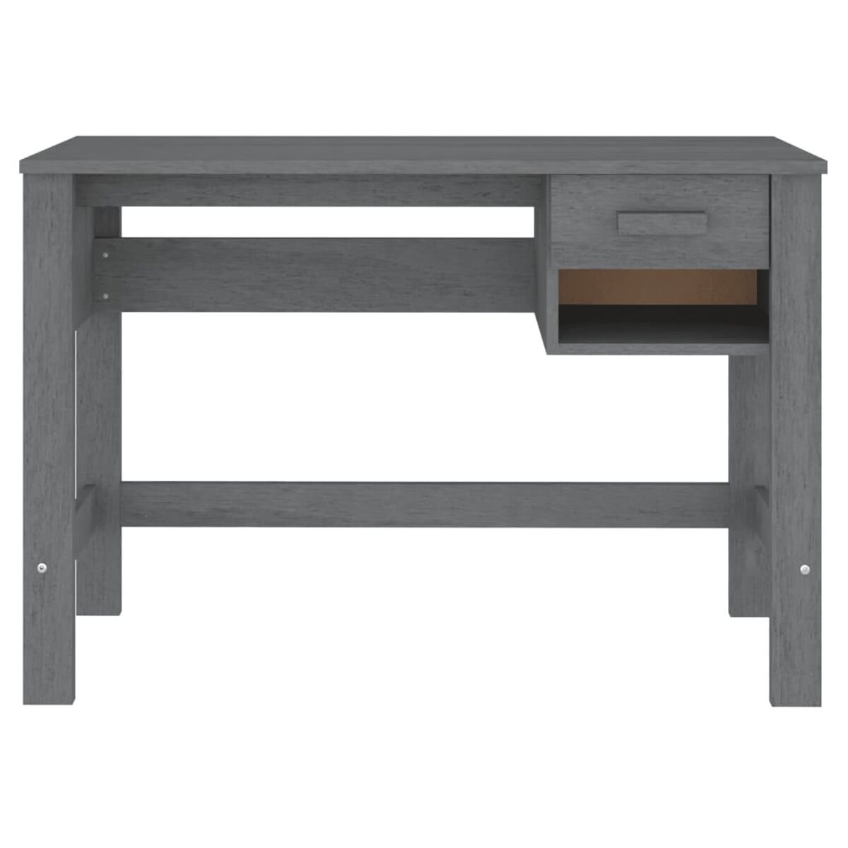 Grauer Schreibtisch mit Schublade, Regal und einfachem Design, freigestellt.
