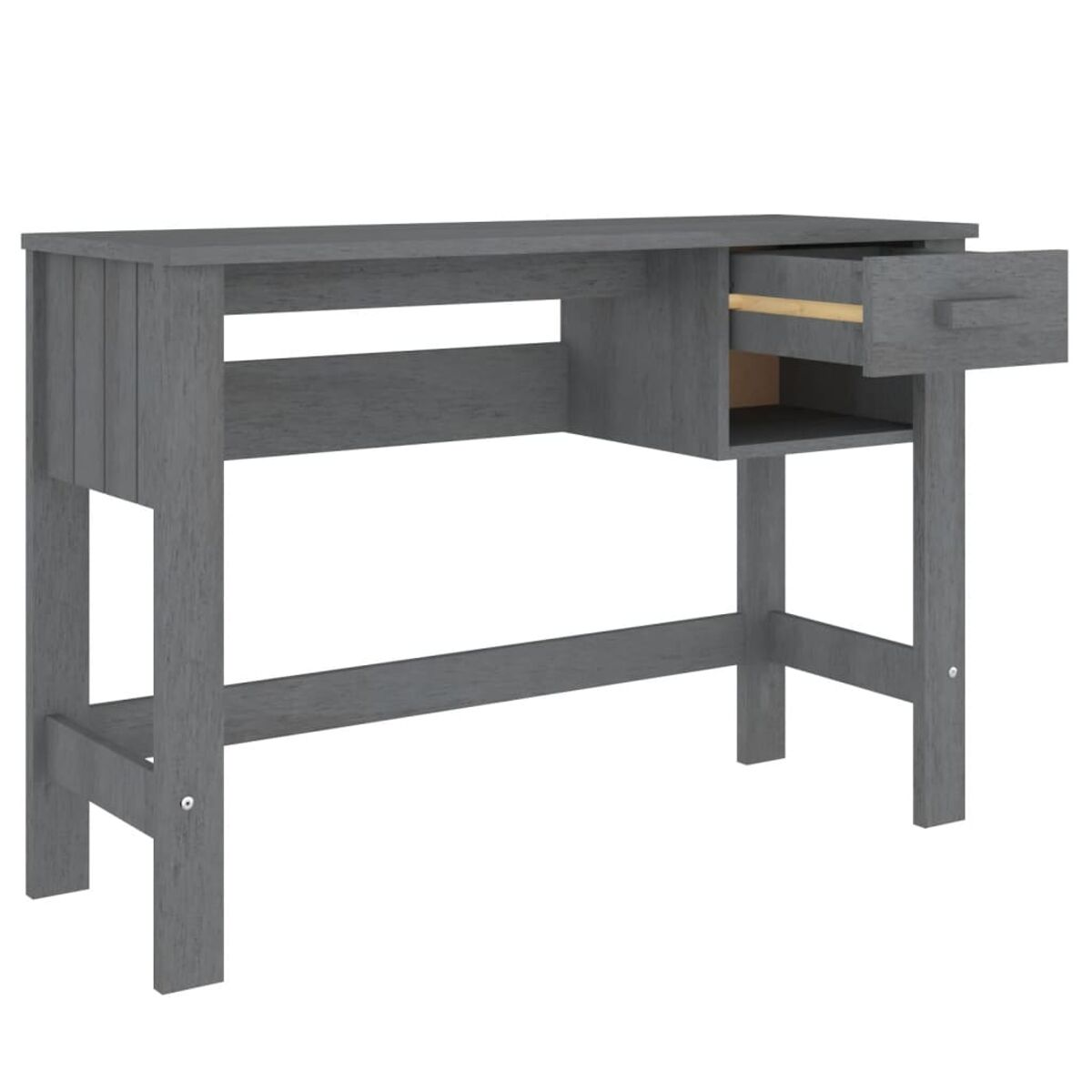 Grauer Schreibtisch mit offener Schublade. Unter der Schublade befindet sich ein Regal.
