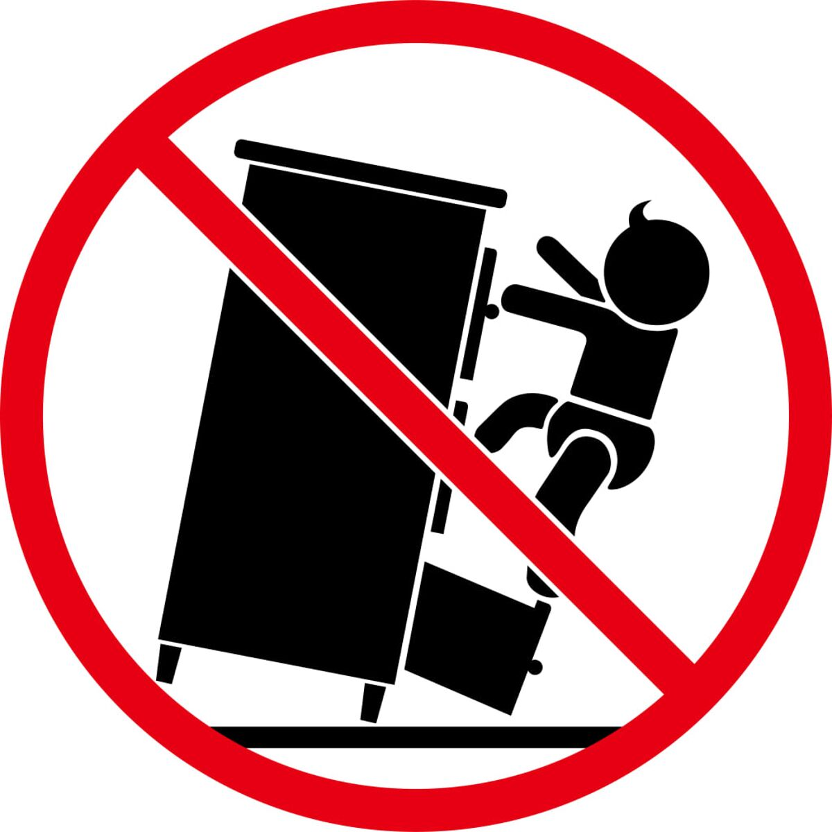 Warnschild: Kind klettert auf einen Schrank, mit rotem Kreis und Schrägstrich.