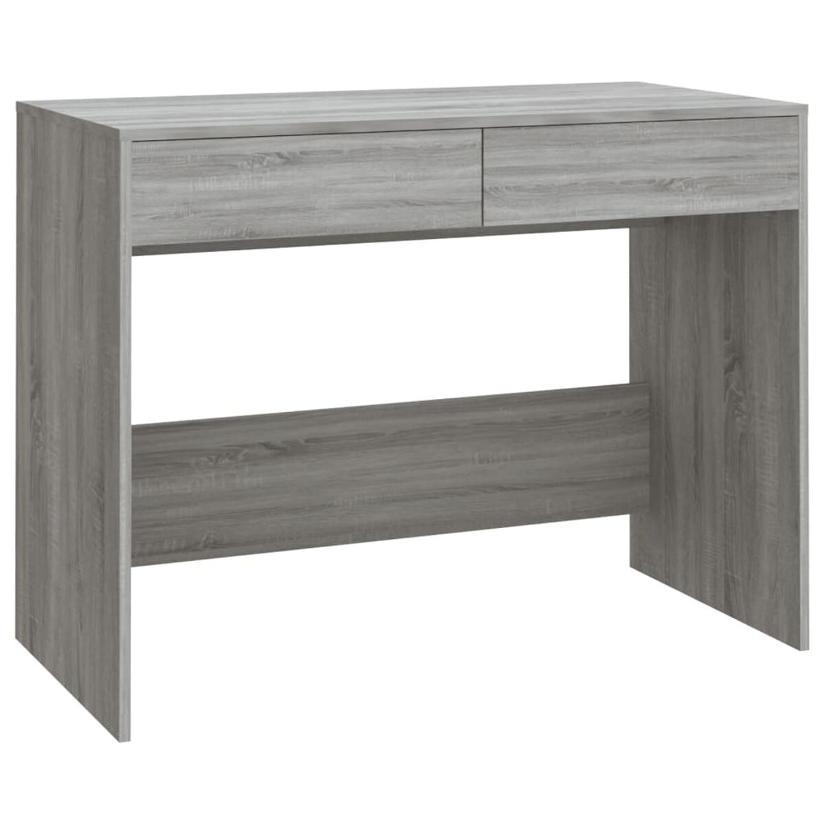 Grauer Holzschreibtisch mit zwei Schubladen. Der Schreibtisch hat ein schlichtes Design und ist leer.