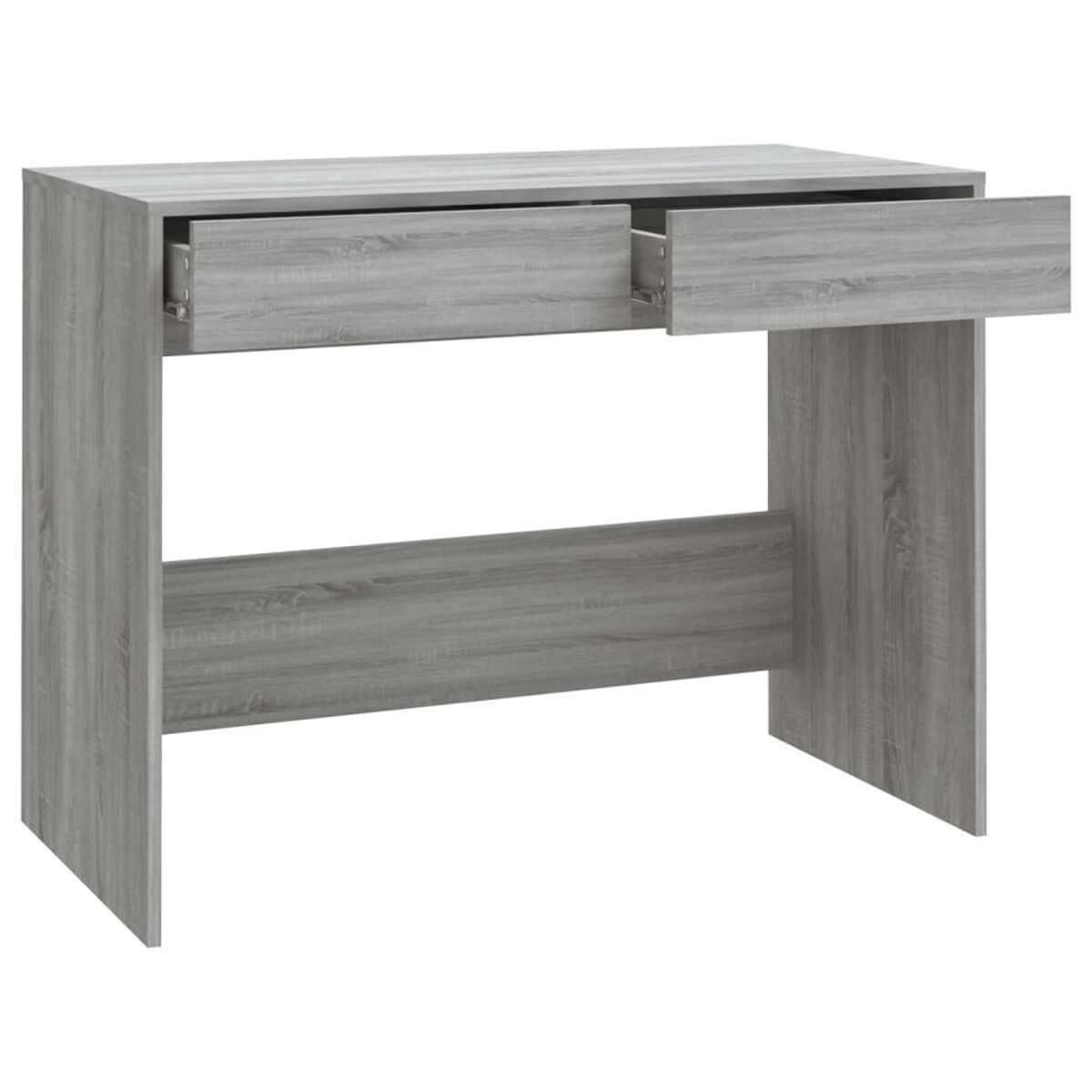 Ein grauer Holzschreibtisch mit zwei Schubladen, eine davon geöffnet. Er ist leer und hat ein einfaches Design.