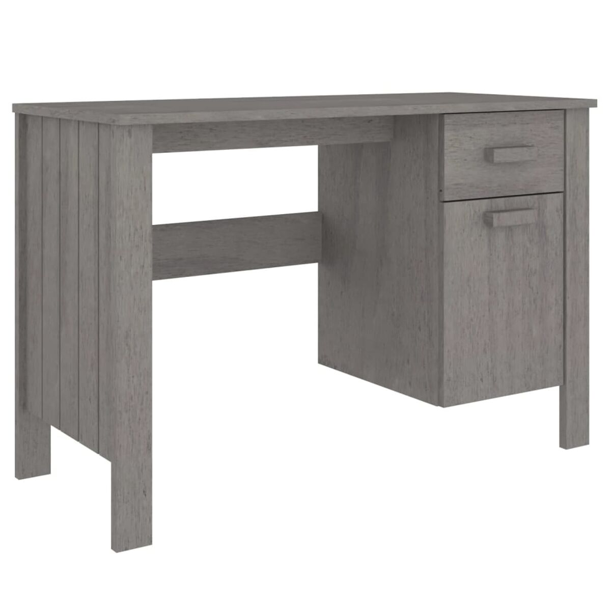 Grauer Holzschreibtisch mit einer Schublade und einem Schrank. Der Schreibtisch hat ein schlichtes Design.