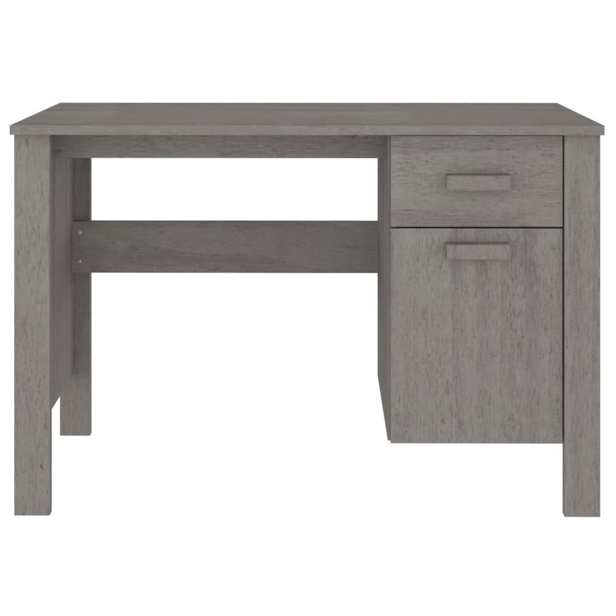 Holzschreibtisch mit Schublade und Schrank. Graue Farbe. Weißer Hintergrund.