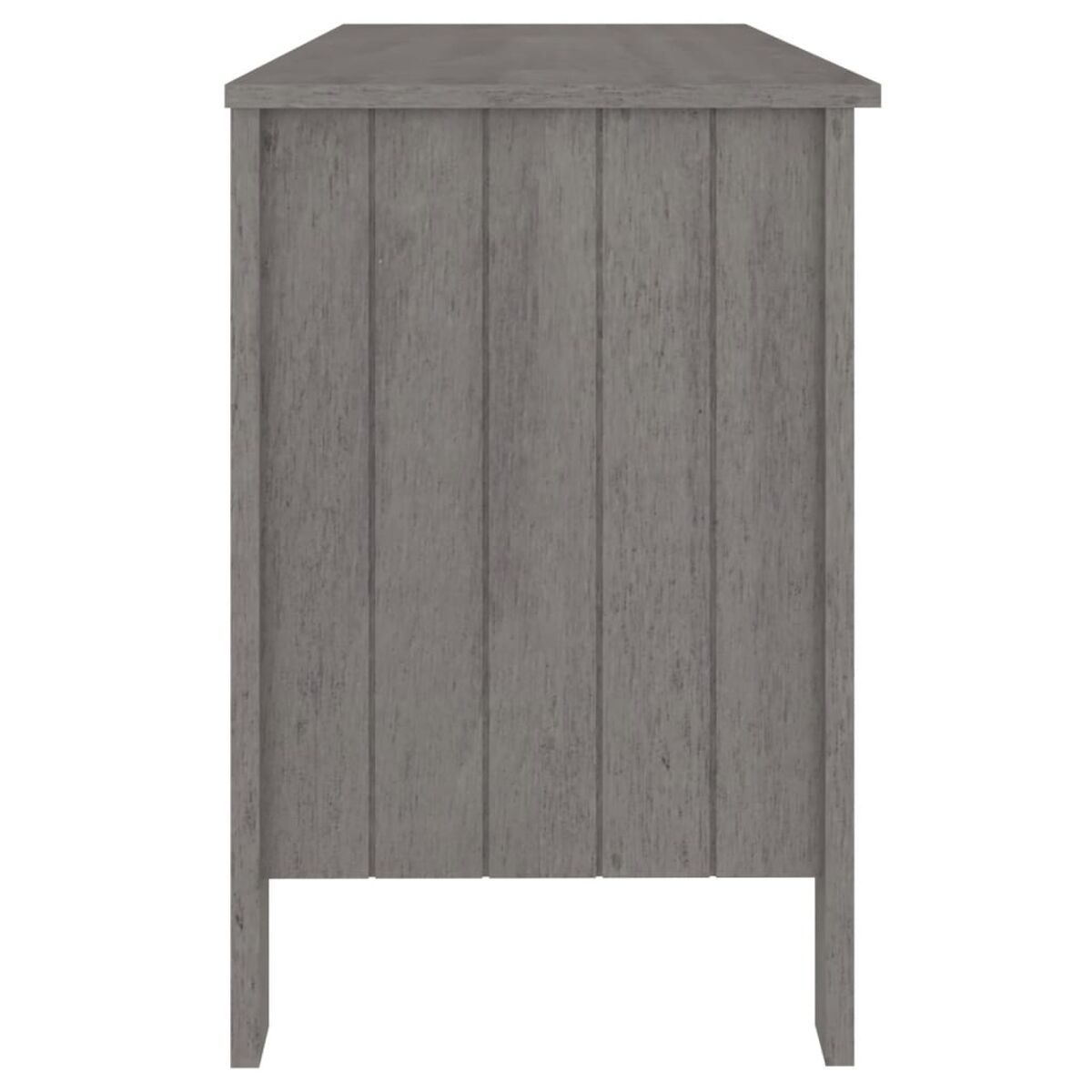 Seitenansicht eines grauen Holzschranks mit vertikalen Paneelen. Einfaches, modernes Design.
