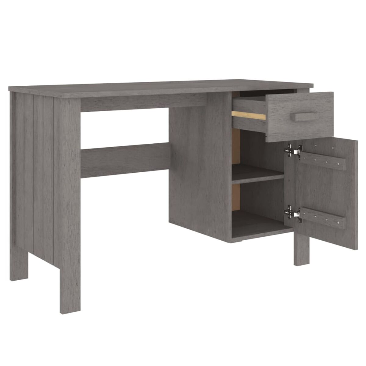 Ein grauer Holzschreibtisch mit offener Schublade und einem Schrank mit offenen Türen, der Regale zeigt.