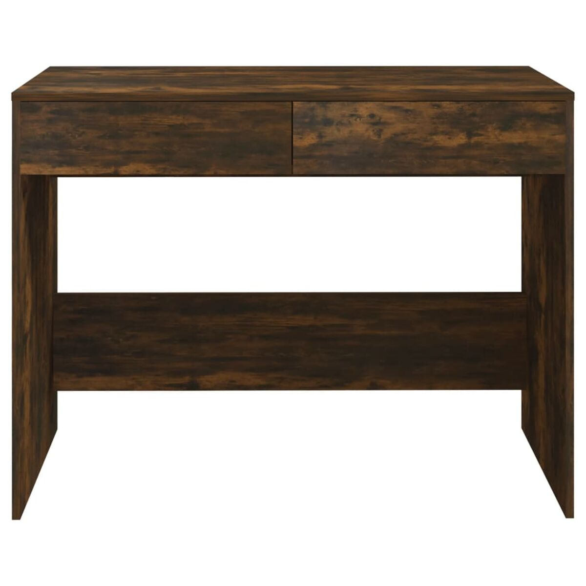 Dunkler Holzschreibtisch mit zwei Schubladen und einem unteren Regal. Isoliert.