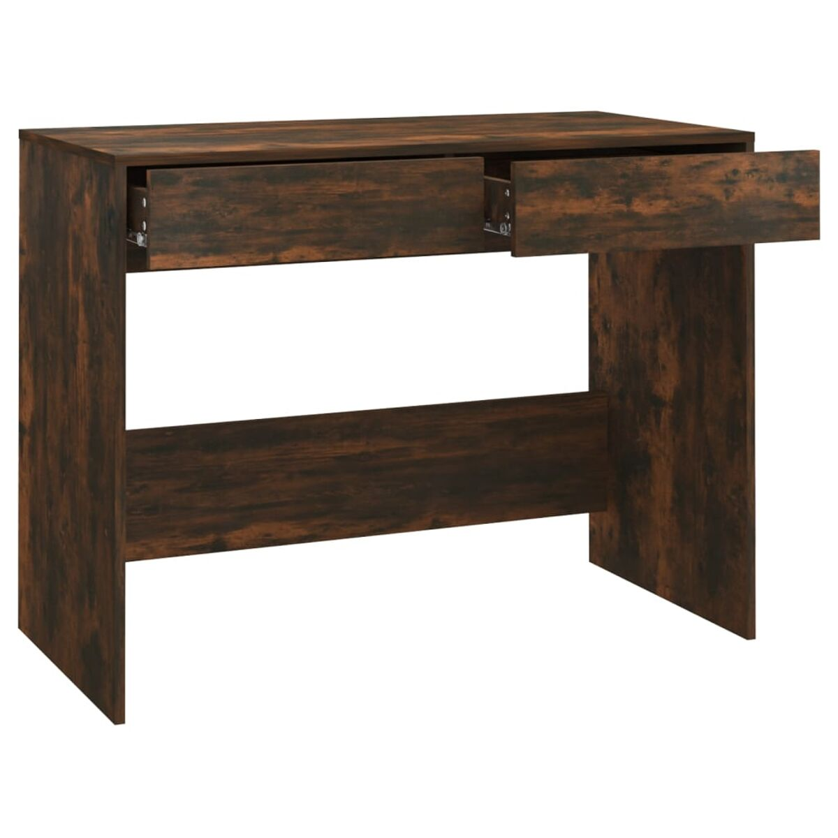 Holzschreibtisch mit zwei offenen Schubladen. Der Schreibtisch ist braun mit Holzmaserung. Weißer Hintergrund.