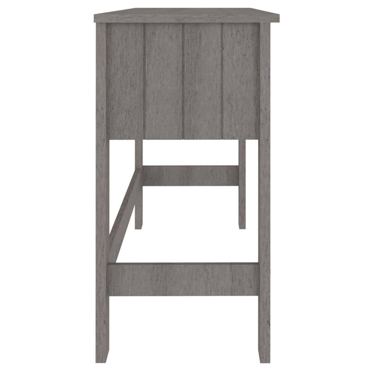 Seitenansicht eines grauen Schreibtisches. Der Schreibtisch hat einen Schubladenschrank und einen einfachen Rahmen.