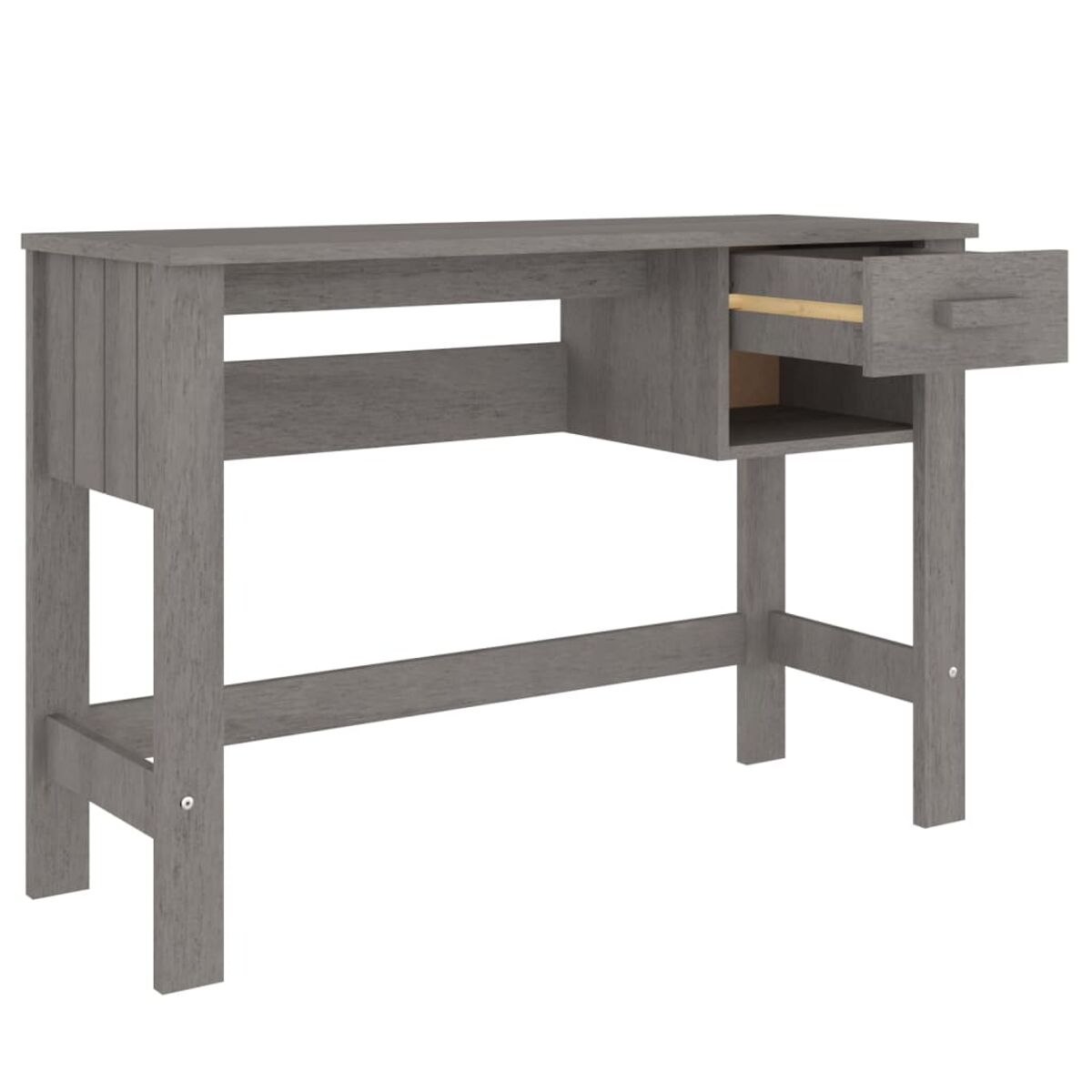 Grauer Holzschreibtisch mit Schublade und offenem Regal. Der Schreibtisch steht vor weißem Hintergrund.