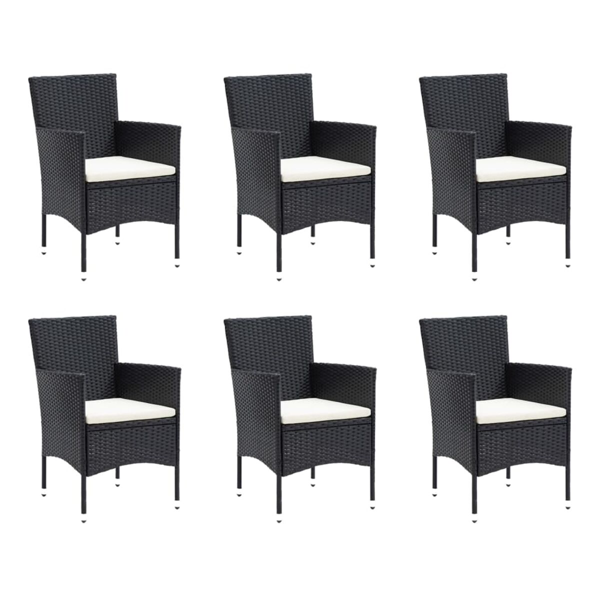 Sechs schwarze Rattan-Stühle mit weißen Kissen, angeordnet, weißer Hintergrund.