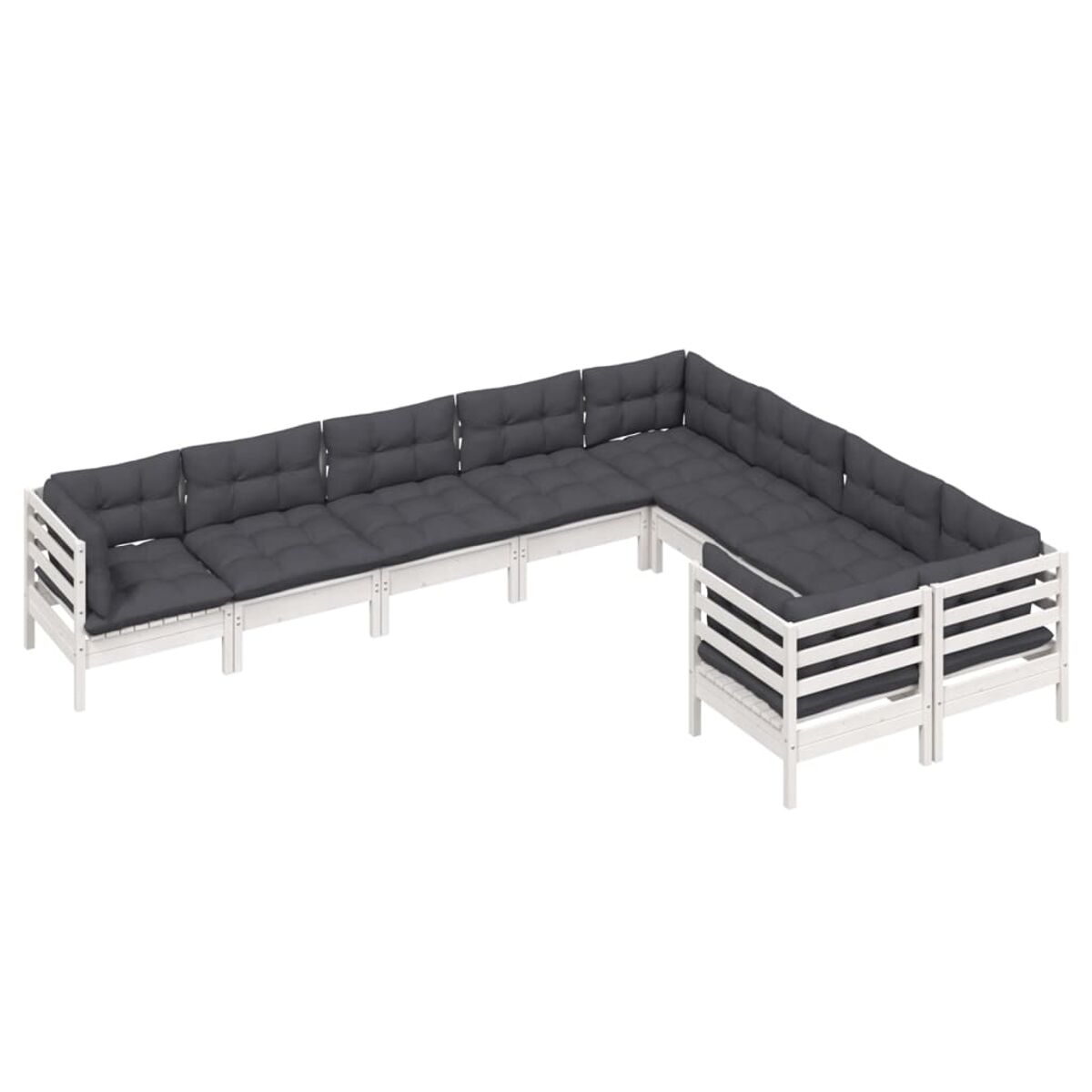 L-förmiges Outdoor-Ecksofa mit weißem Rahmen und grauen Kissen, aus isometrischer Perspektive gesehen.