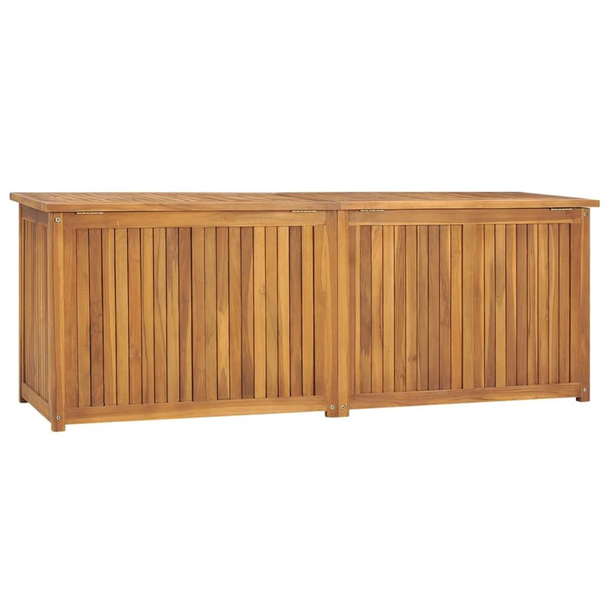 Hölzerne Outdoor-Aufbewahrungsbox. Braunes Holz mit vertikalen Lamellen. Zwei Klappdeckel.