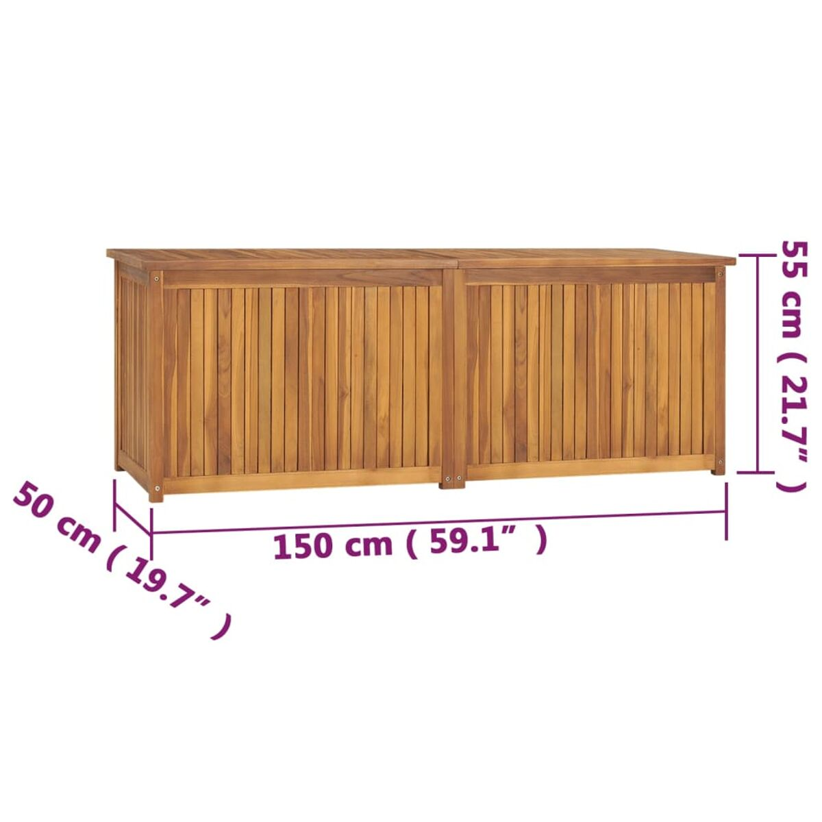 Holz-Aufbewahrungsbox für draußen mit sichtbaren Abmessungen, aus Holzplanken.