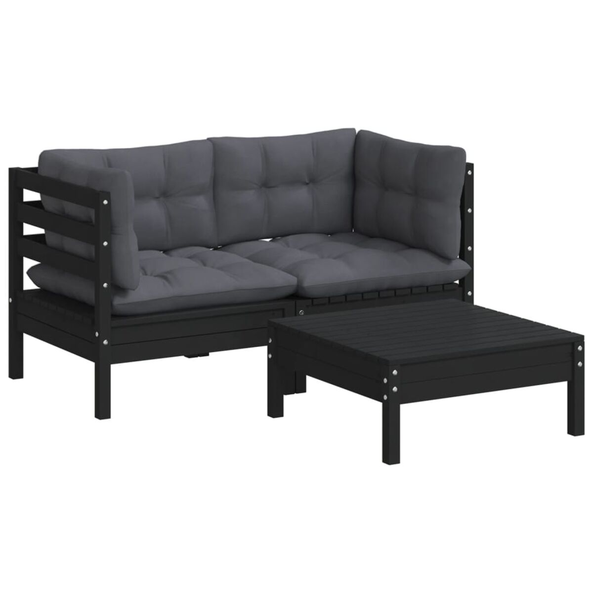 Schwarzes Outdoor-Sofa mit grauen Kissen und passendem Couchtisch.