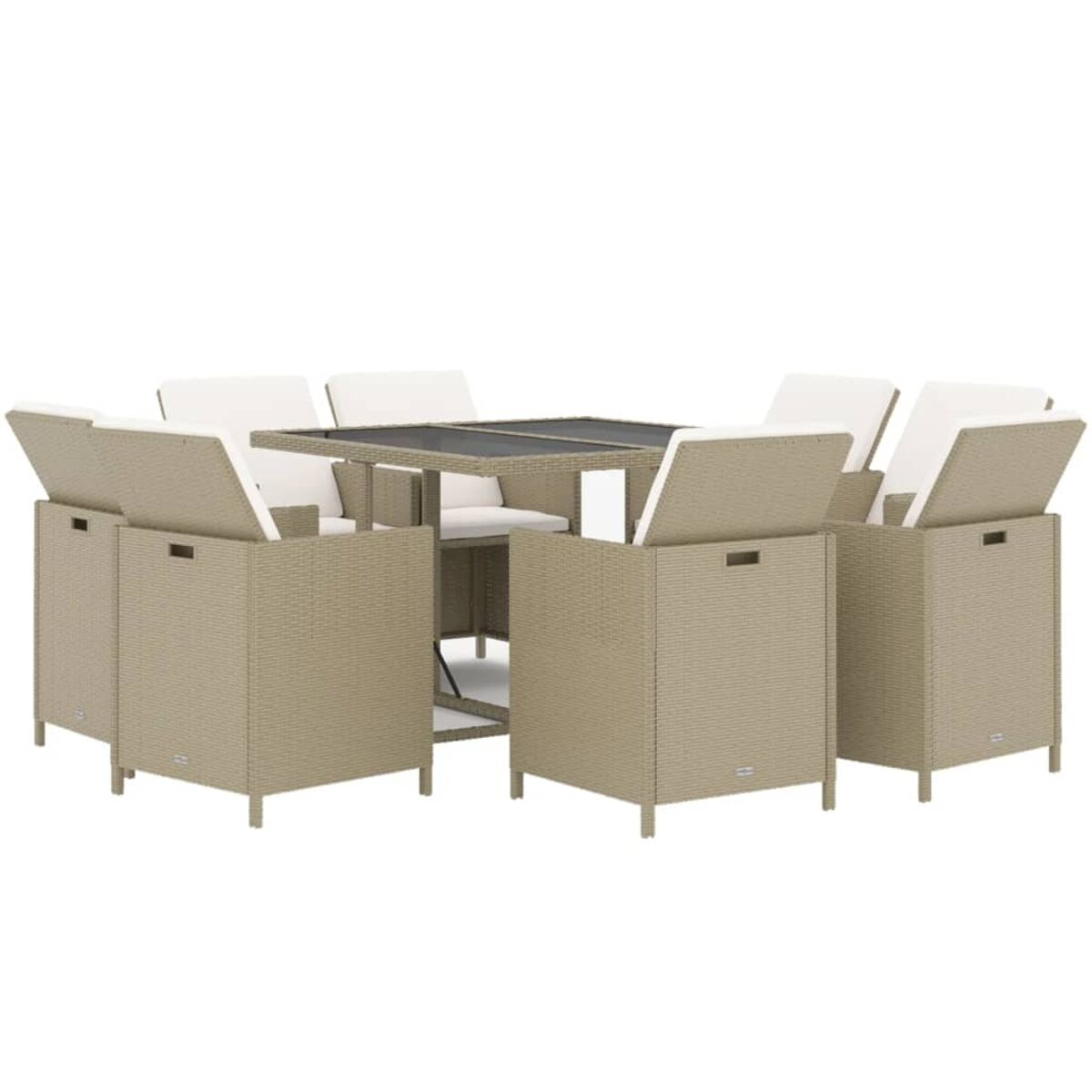 Beiges Garten-Ess-Set aus Korbgeflecht mit Kissen. Schwarzer Tisch und Stühle.