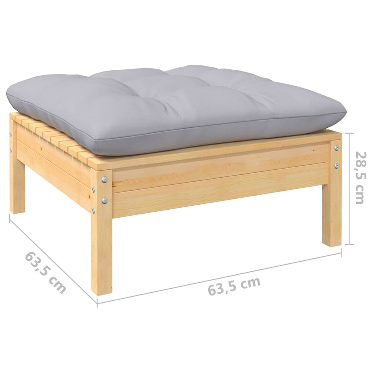 Hocker aus Holz mit grauem Kissen und beschrifteten Maßen.