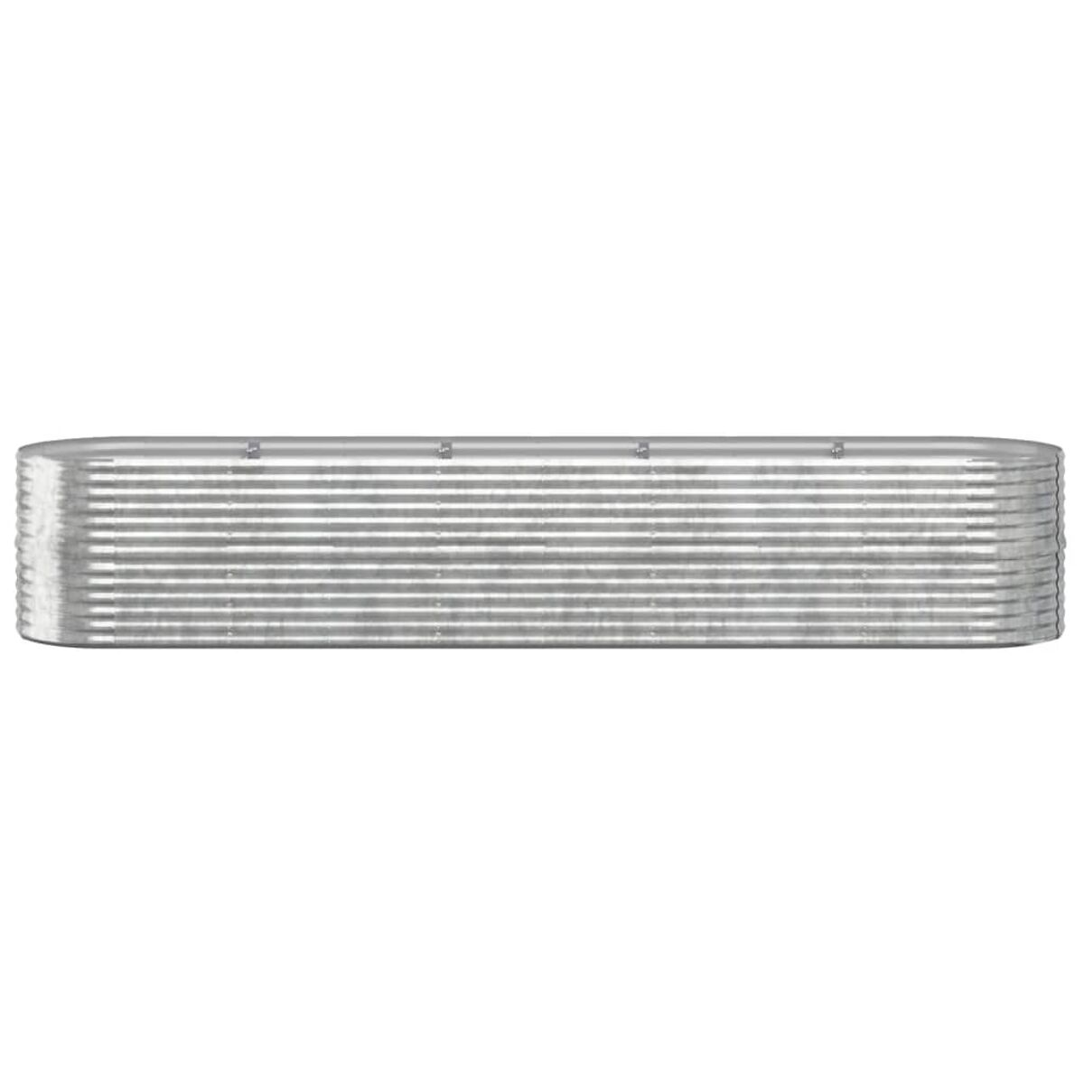 Langer, rechteckiger Metallpflanzkasten. Das Metall ist silberfarben mit horizontalen Rillen.