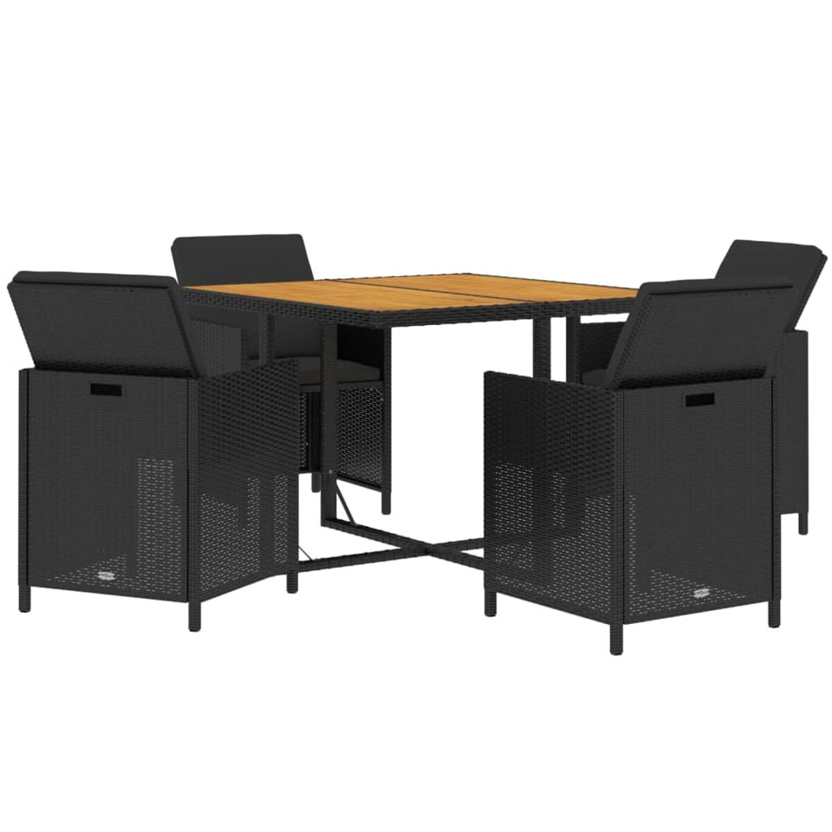 Schwarzes Rattan-Tisch- und Stuhlset. Tisch hat eine Holzplatte. Stühle haben Kissen.