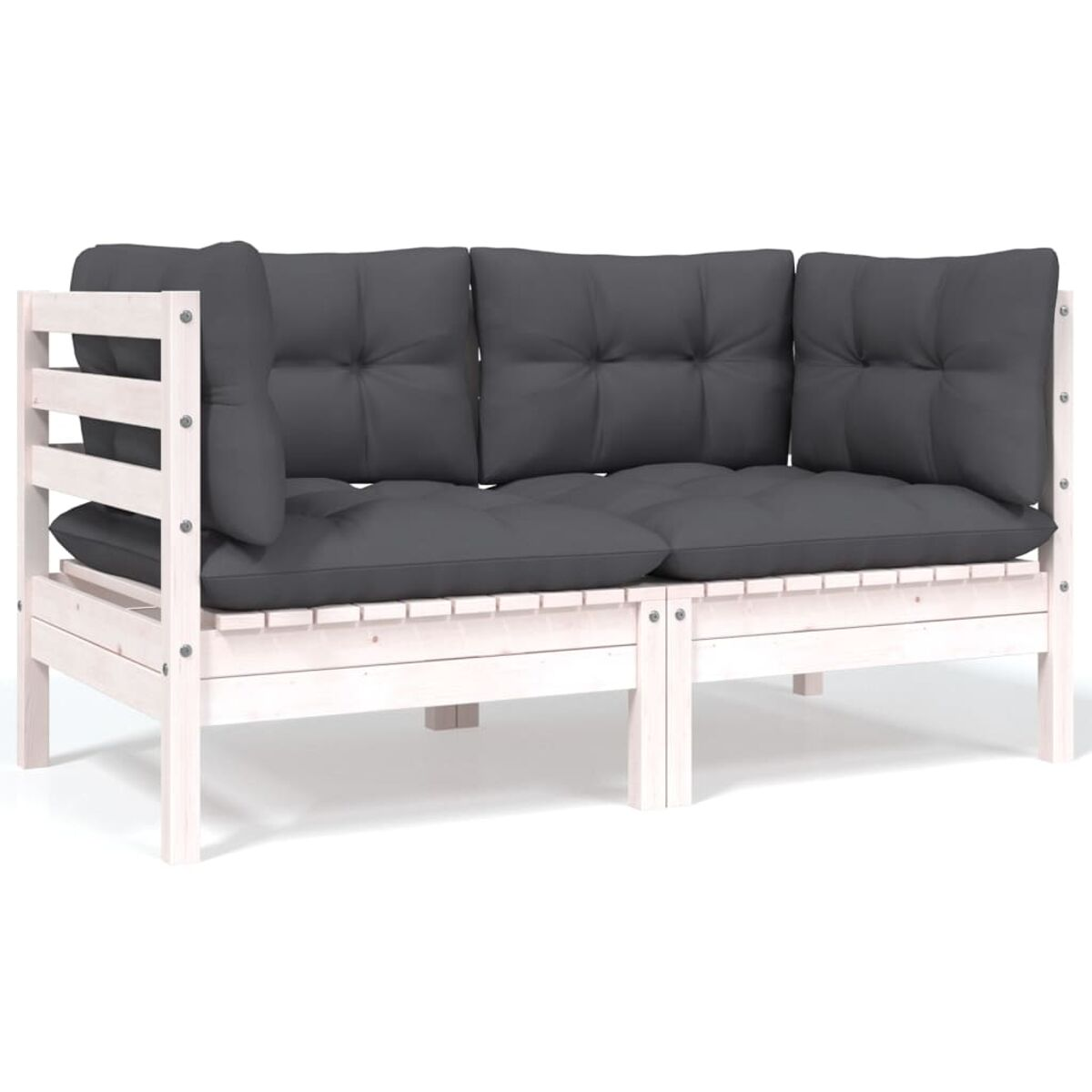 Zweisitzer-Holzsofa, weiß, mit grauen Kissen. Neutraler Hintergrund, schlichtes Design.