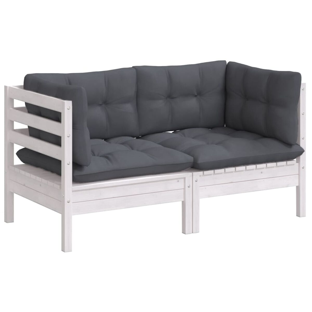 Weißer Holzrahmen-Sofa mit zwei grauen Sitzflächen und Rückenlehnen.