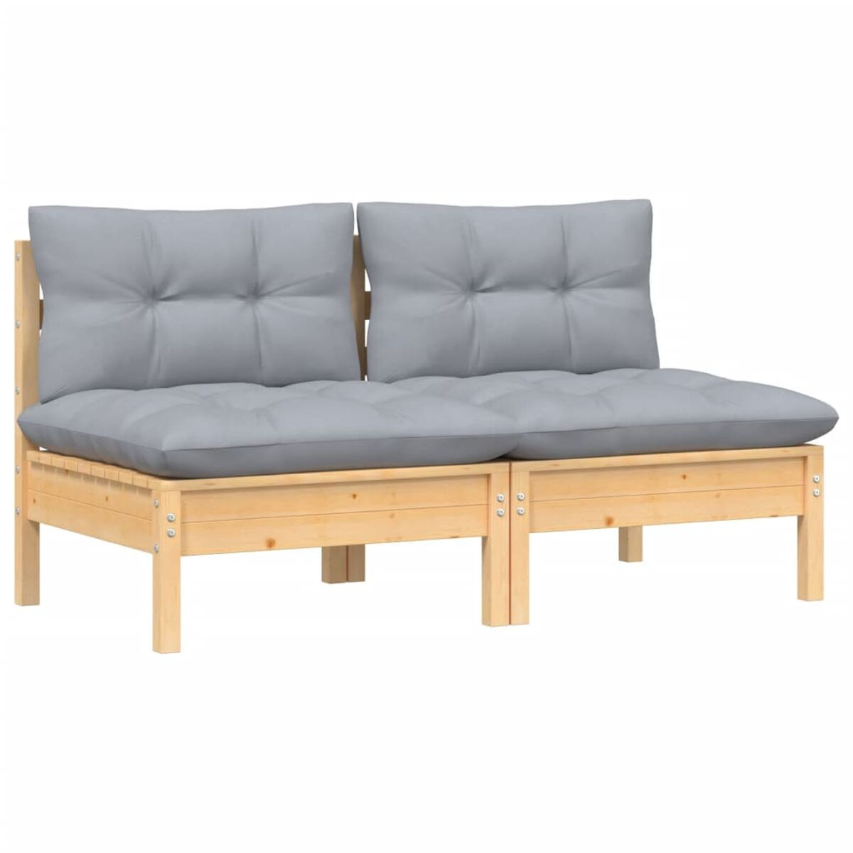 Zweisitzer-Sofa aus hellem Holz mit grauen Kissen. Weißer Hintergrund.