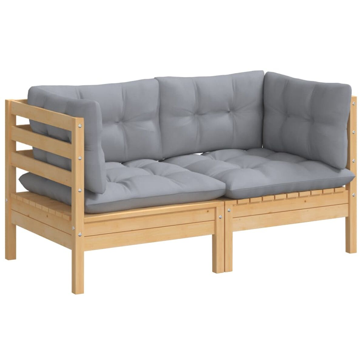 Ein helles Holzsofa für zwei Personen mit grauen Kissen, vor weißem Hintergrund.