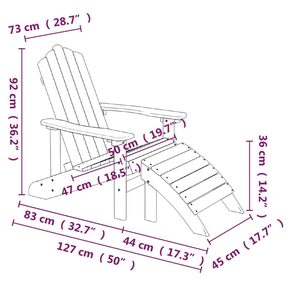 Adirondack-Stuhl aus Holz mit Fußstütze. Abmessungen sind angegeben. Weißer Hintergrund.