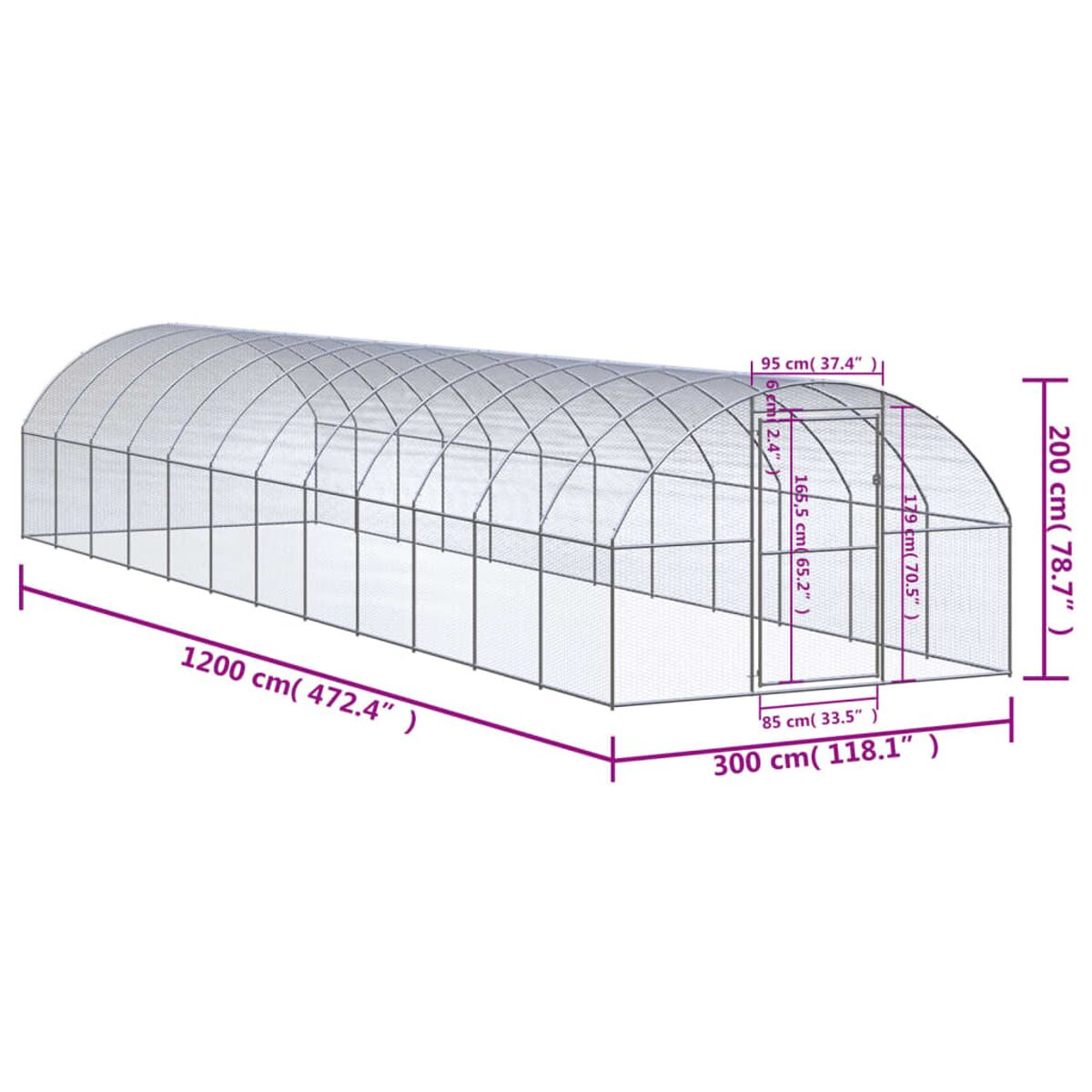Großes Gewächshaus im Freien. Abmessungen sind 1200 x 300 x 200 cm. Klares Dach und Seiten. Metallrahmen.