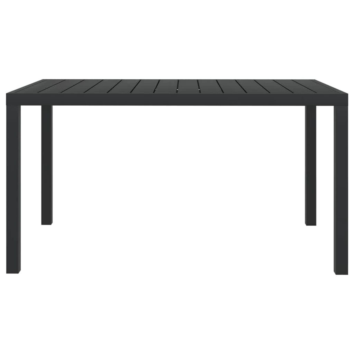Ein dunkelgrauer, rechteckiger Outdoor-Tisch mit einer Lattenoberfläche und vier Beinen.