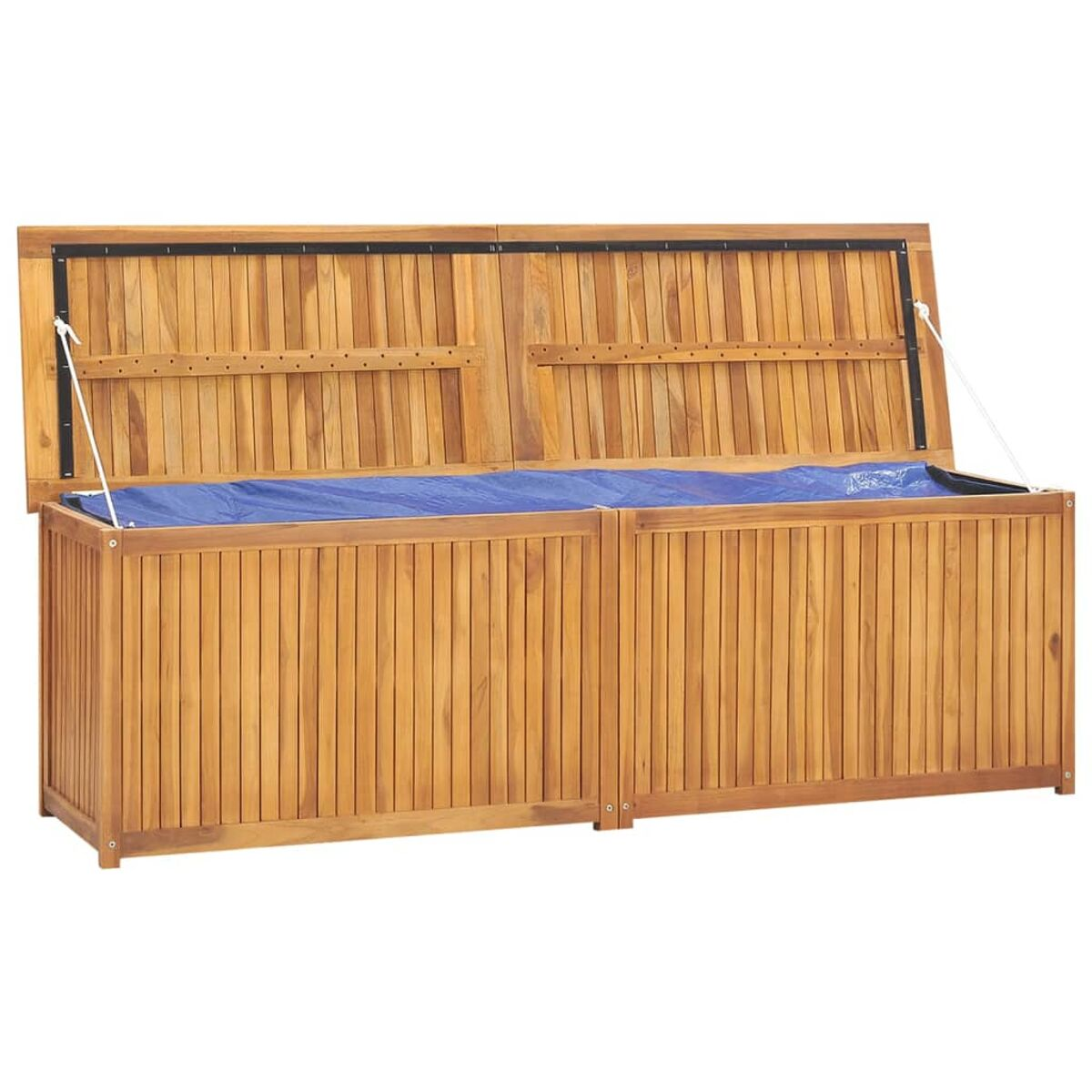 Holz-Außenaufbewahrungsbox, geöffnet, mit einer blauen Plane im Inneren.