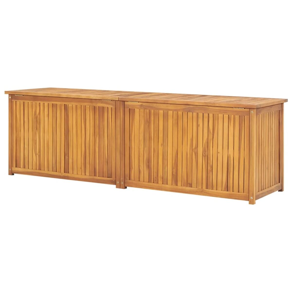 Holz-Stauraumbox mit zwei Scharnierdeckeln. Vertikale Holzlatten bilden die Seiten.