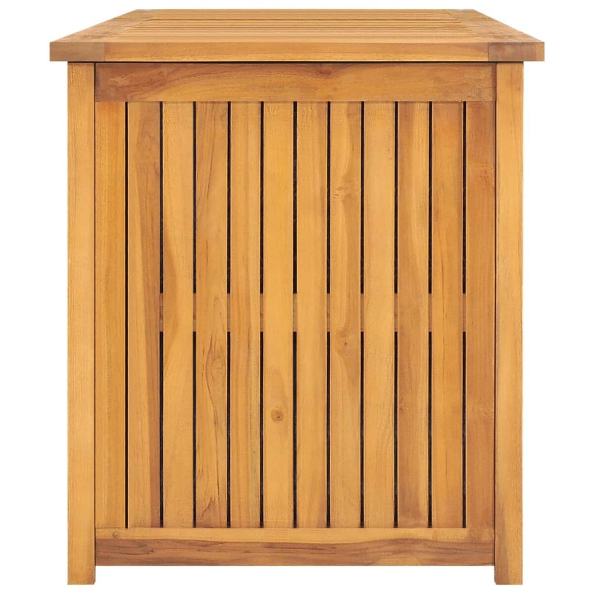 Holz-Aufbewahrungsschrank. Vertikale Holzlatten, rechteckig. Braune Farbe.