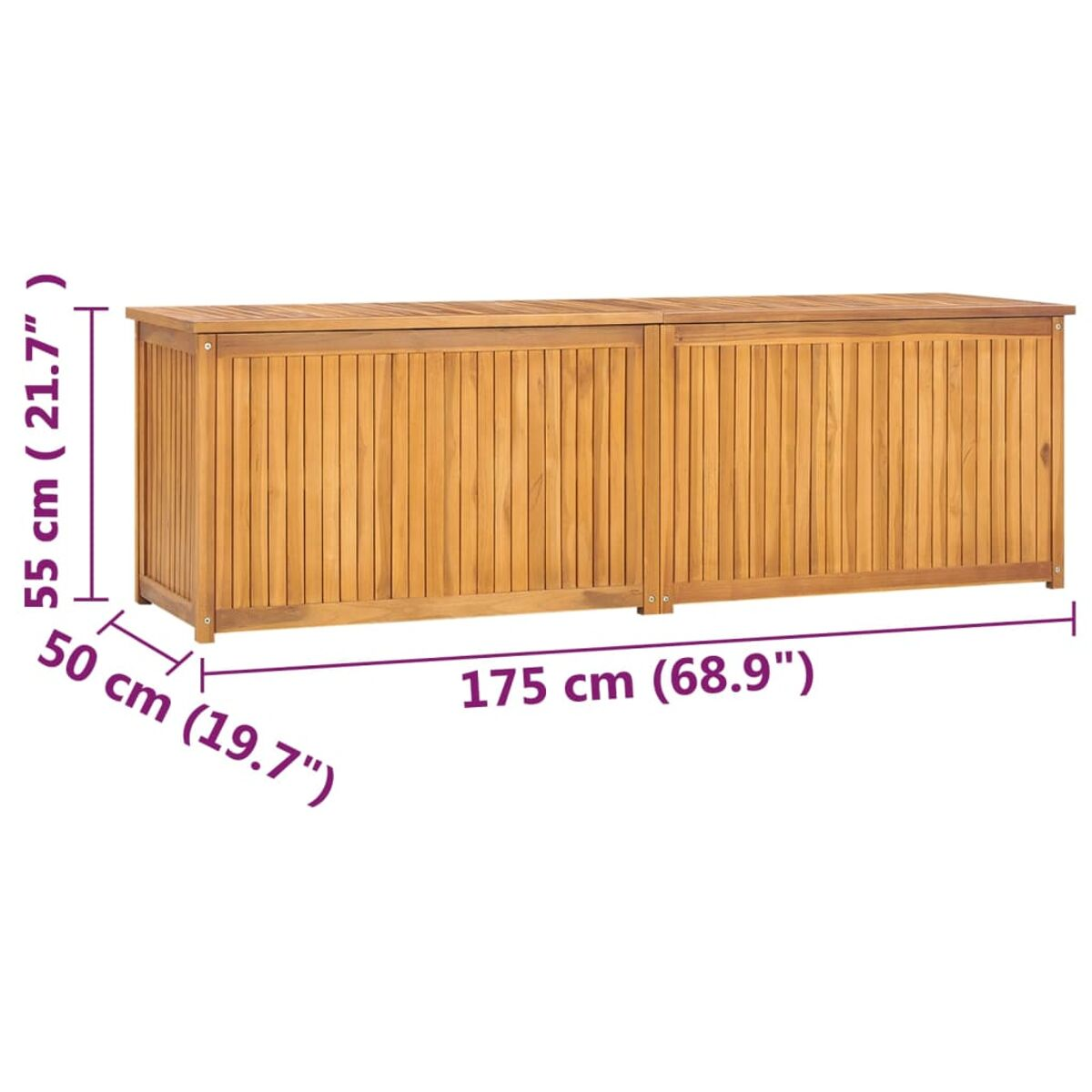 Aufbewahrungsbox aus Holz. Rechteckige Form mit Deckel und Maßangaben in cm und Zoll.