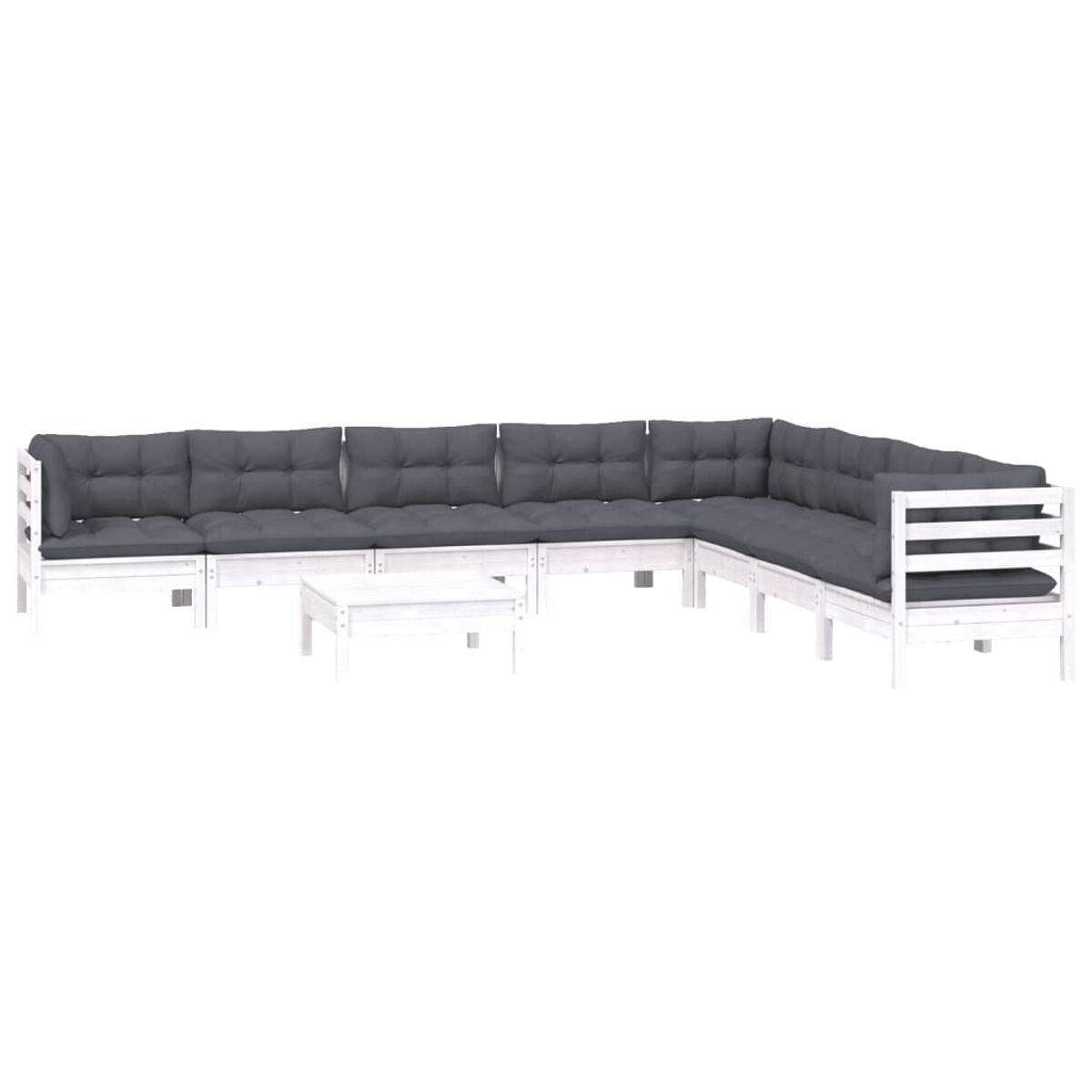 Weißes Ecksofa aus Holz mit grauen Kissen. Weißer Hintergrund.