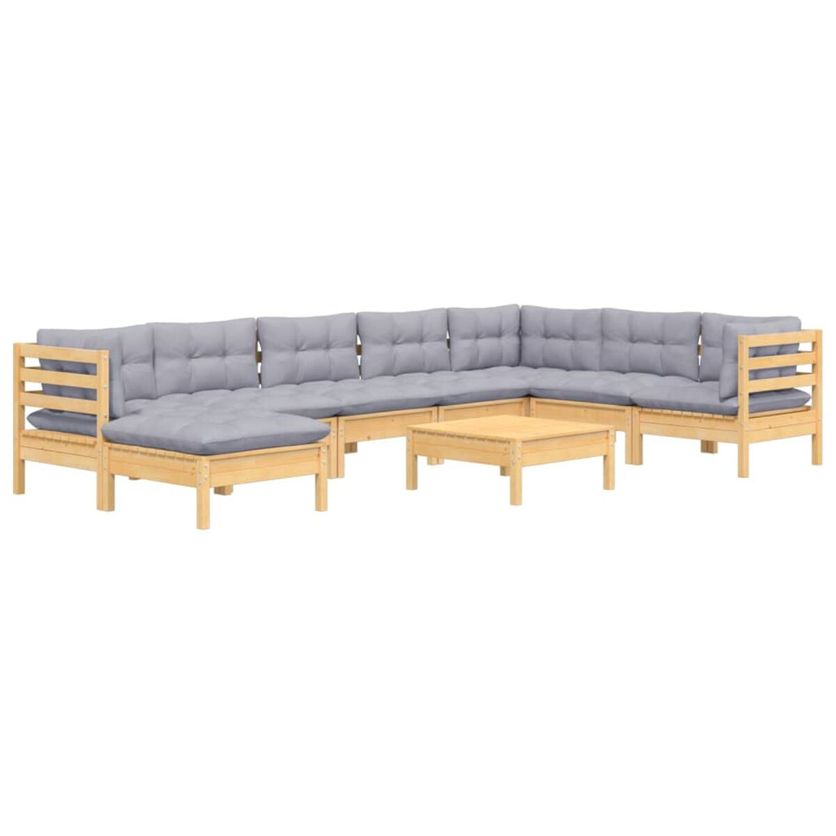 Ecksofa aus Holz mit grauen Kissen und einem Couchtisch auf einer Terrasse.