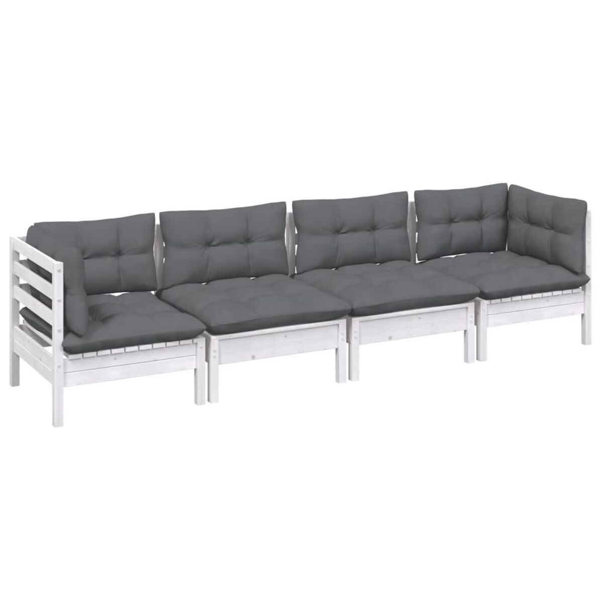 Weißes Gartensofa-Set mit grauen Kissen, L-förmig auf einer Terrasse angeordnet.