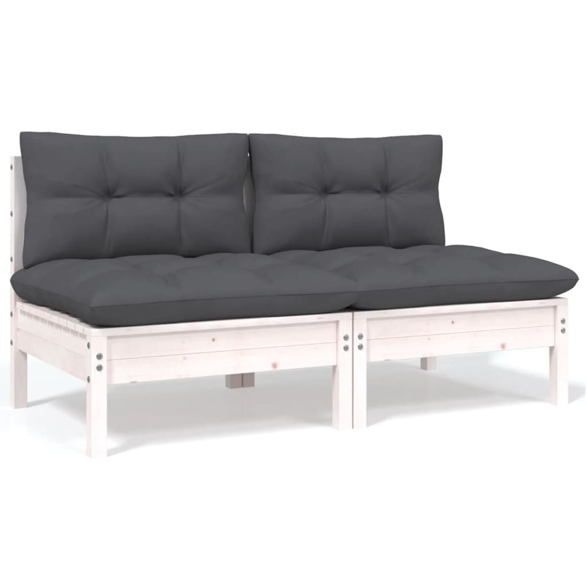 Weißes Holz-Loveseat mit zwei grauen Kissen. Die Kissen sind getuftet.