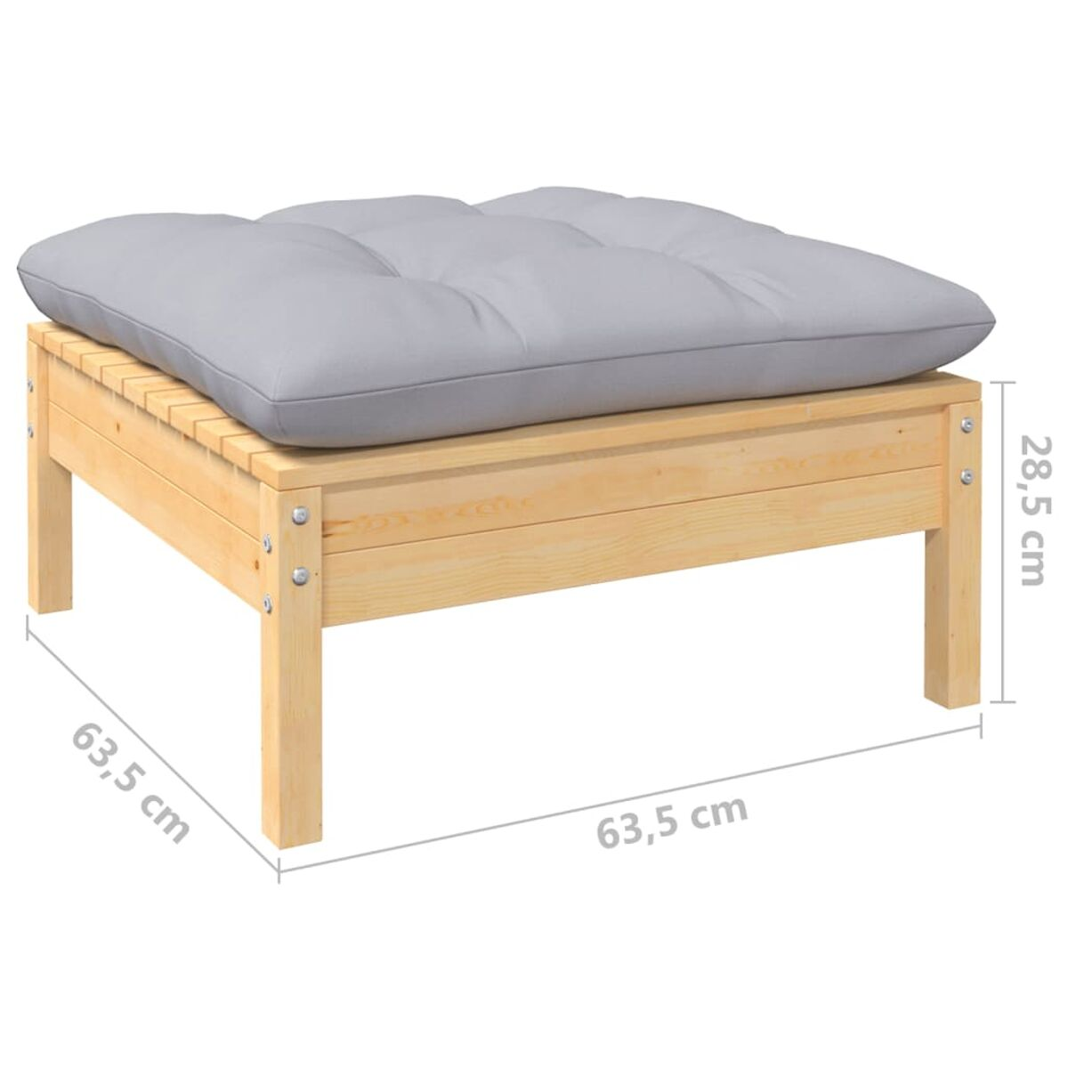 Ein Holz-Ottomane mit grauem Kissen, auf weißem Hintergrund.