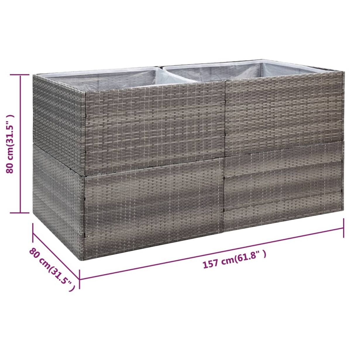 Grauer Rattan-Pflanzer mit Maßen. Es ist eine rechteckige Box.