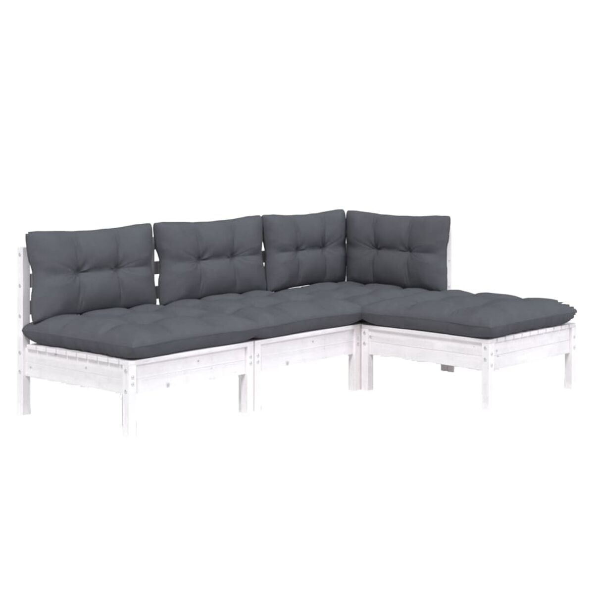 Ein weißes Ecksofa mit grauen Kissen.
