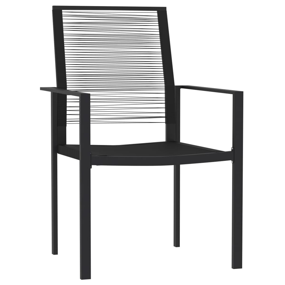 Schwarzer Outdoor-Stuhl. Metallrahmen, schwarzer Sitz, Rückenlehne mit dünnen Seilen.