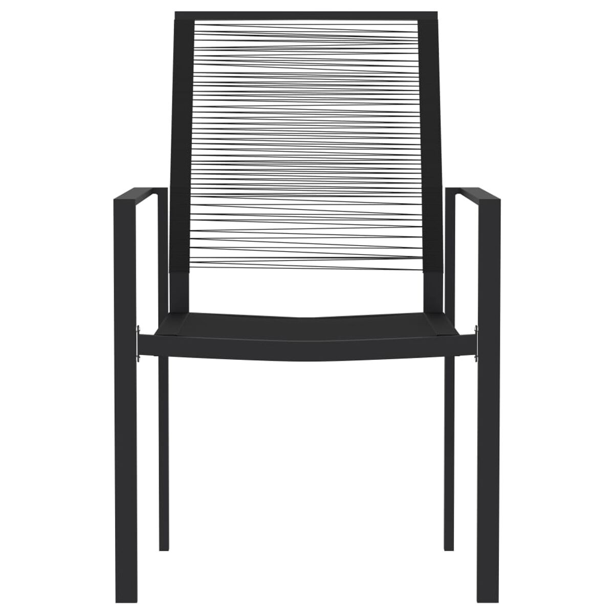 Ein schwarzer Metallstuhl mit schwarzem Sitz und Rückenlehne aus dünnen schwarzen Linien. Der Stuhl ist auf weißem Hintergrund.