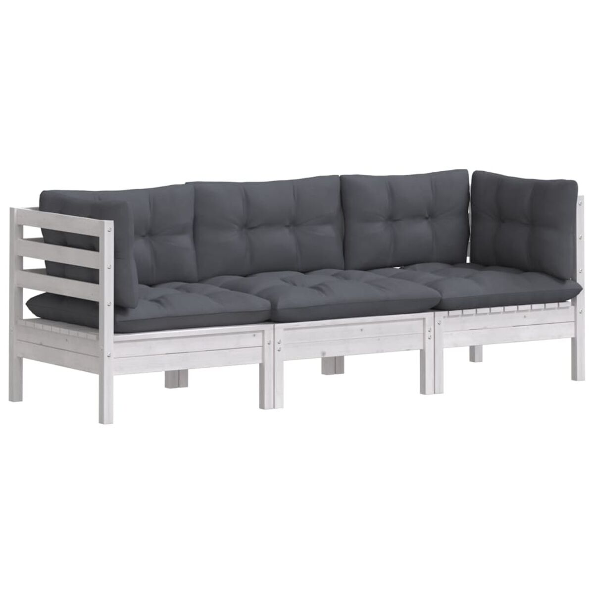 Weißes Holzsofa mit grauen Kissen. Das Sofa hat ein schlichtes Design.