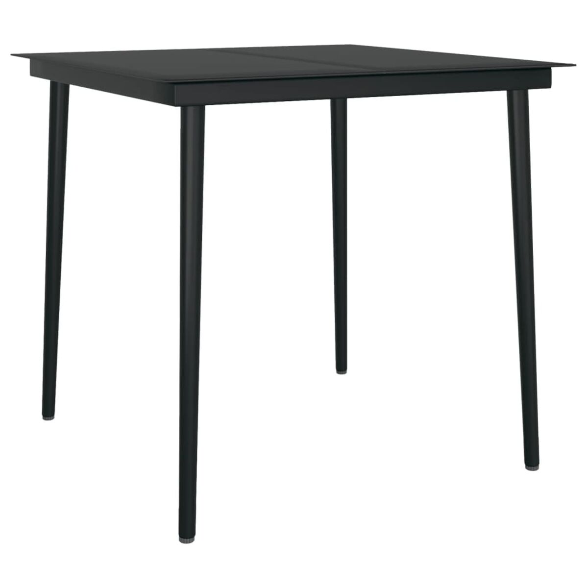 Tavolo quadrato nero con gambe nere. Il tavolo ha un design semplice e moderno.
