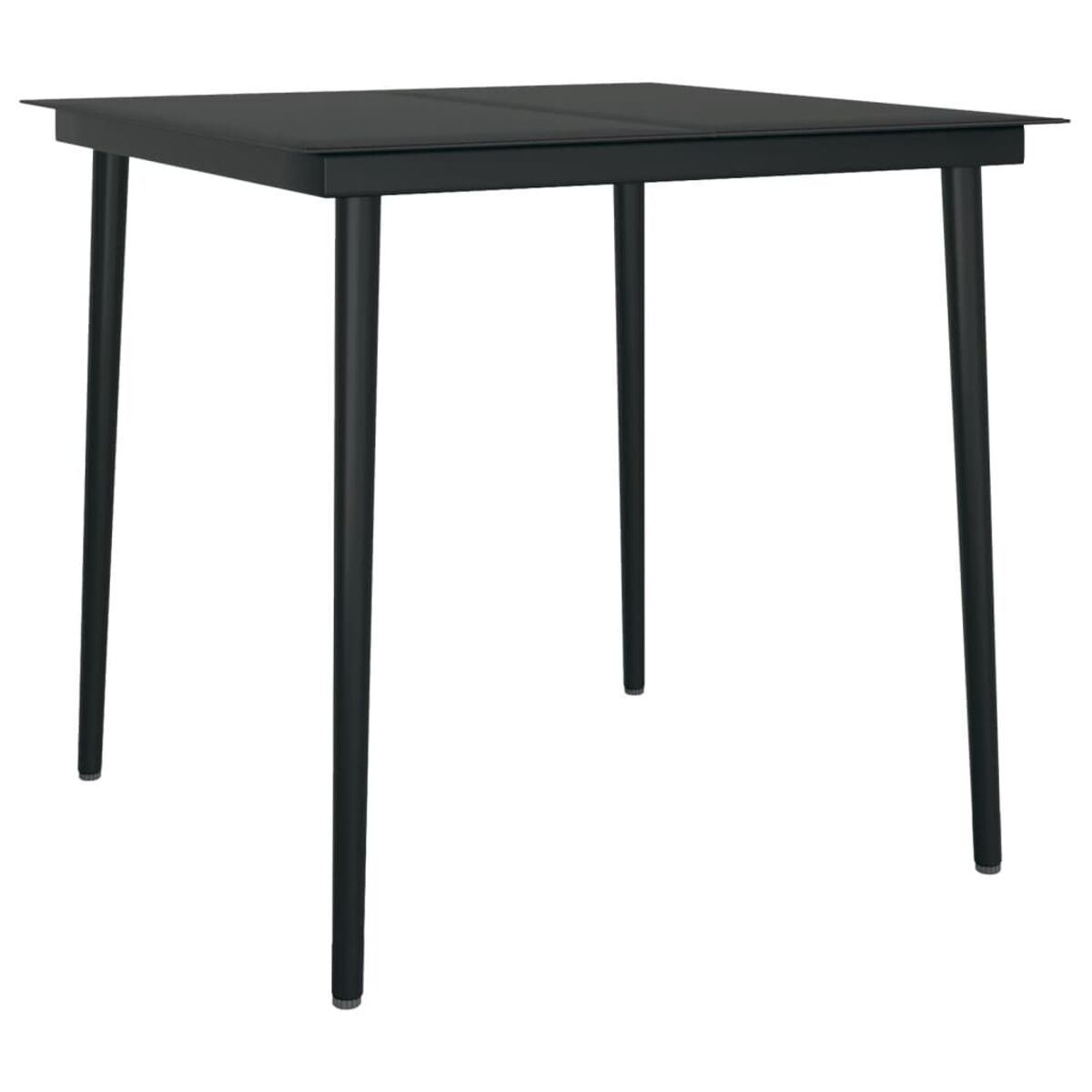 Tavolo quadrato nero con quattro gambe nere su sfondo bianco.